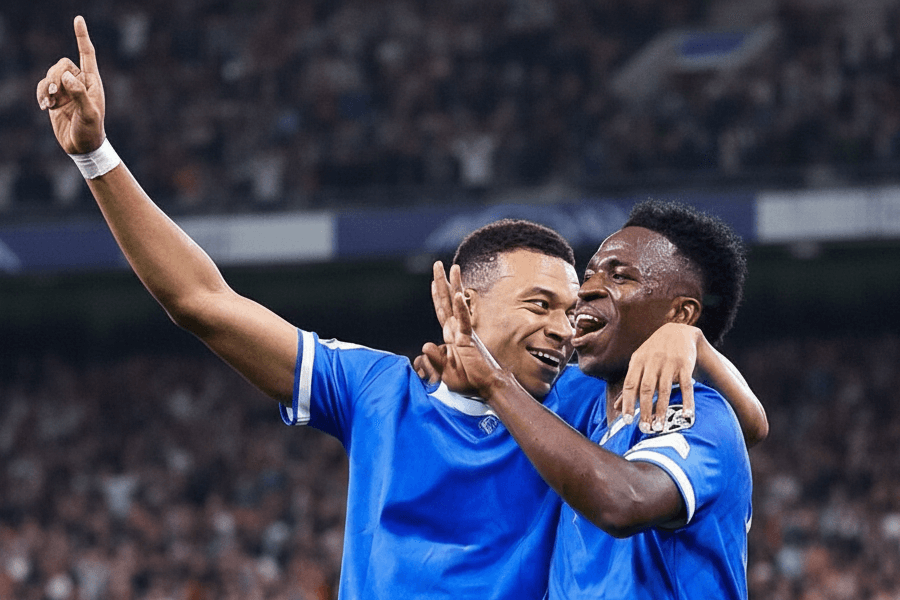 Mbappé célébrant son premier but lors du match contre l'Olympiacos.