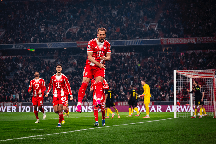 Harry Kane célèbre premier but tête corner Bayern Munich Union