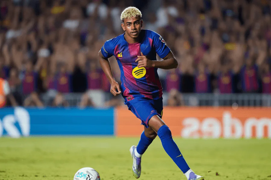 Yamal célébrant un but avec ses coéquipiers au FC Barcelone.