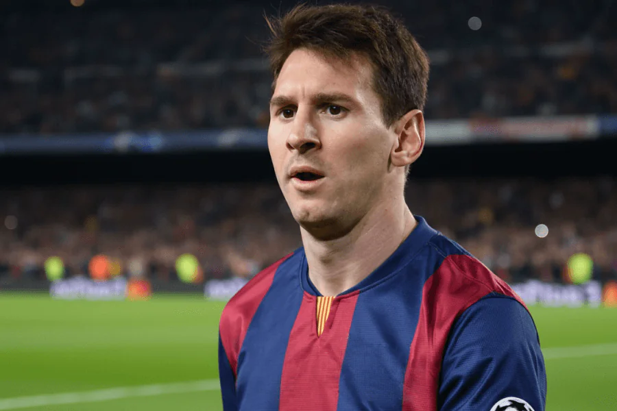 Lionel Messi embrassant l’écusson du Barça devant les supporters.