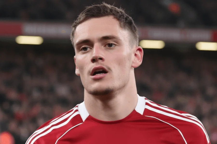 Florian Wirtz debout sur le terrain, concentré lors d'un match de Premier League.