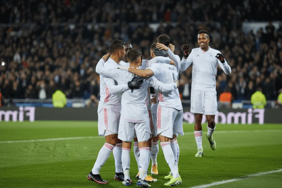 L’équipe du Real Madrid célébrant un but important.