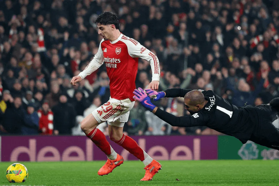 Kai Havertz Arsenal but célébration Chelsea Carabao Cup demi-finale 90+7 minute décisif