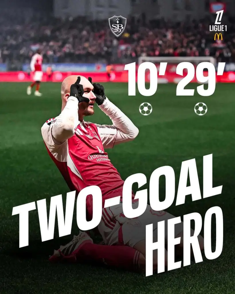 Ludovic Ajorque auteur d'un doublé lors de Brest-Marseille 2-0 en Ligue 1 le 20 février 2026