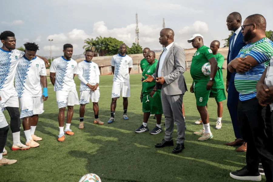Leone Stars en séance d'entraînement au SLFA Football Academy le 2 juin 2026 sous la direction de John Keister avant amical Sierra Leone Liberia Bo City